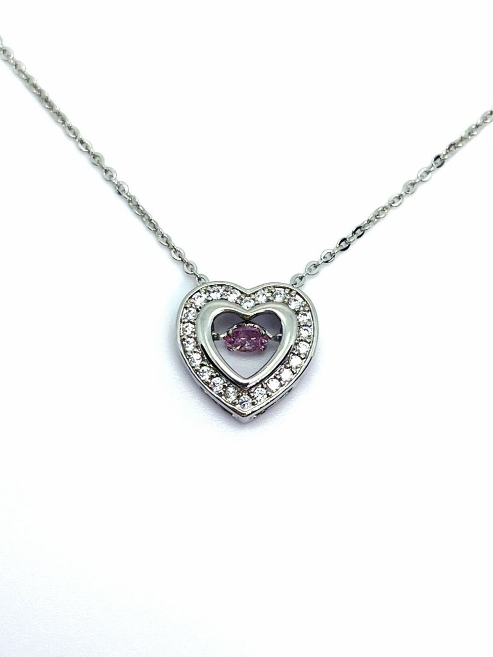 Dainty Moving Dancing Stone Heart Necklace, Amethyst Austrian Crystals, 17.5"
